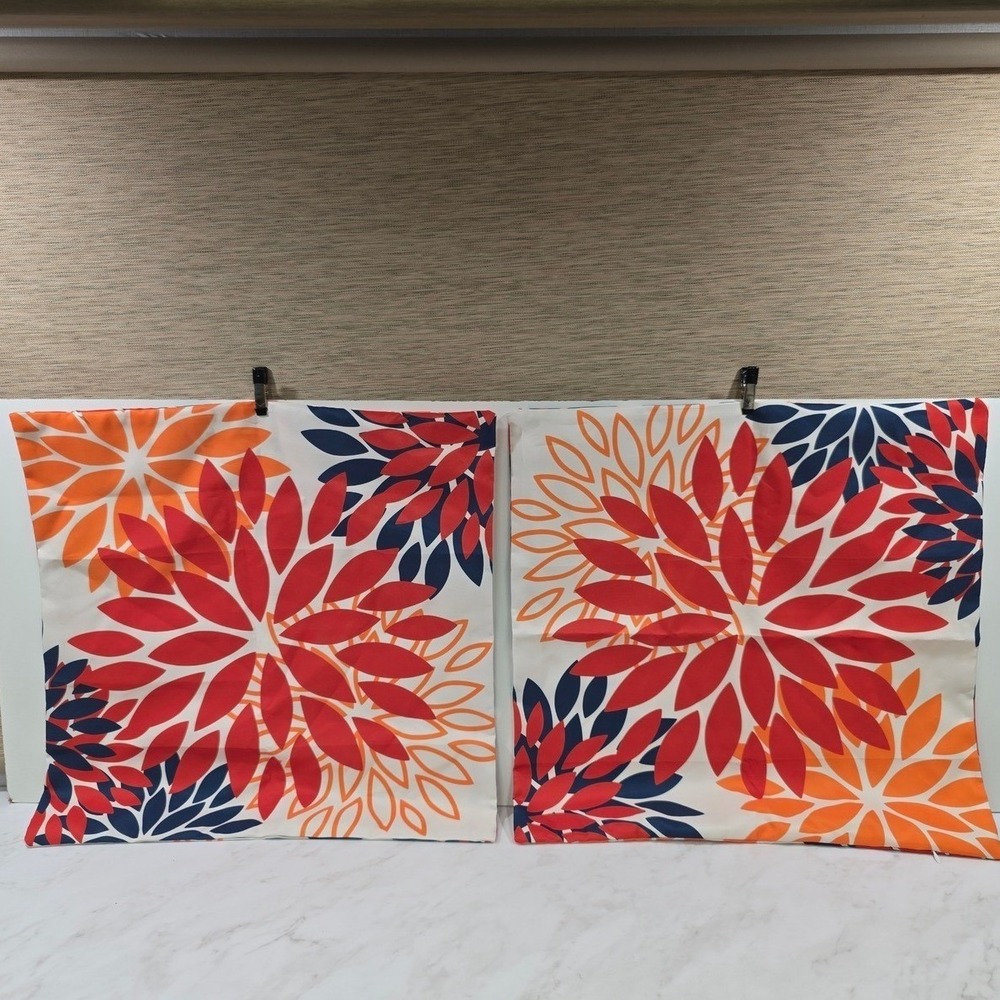 Mid Century Modern Floral 20 inch Throw Pillow Covers Set of 2 Red Orange Navy